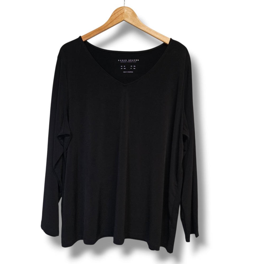 Susan Graver Top 2X Women Black Modern Essentials Liquid Knit V-Neck Fall Staple